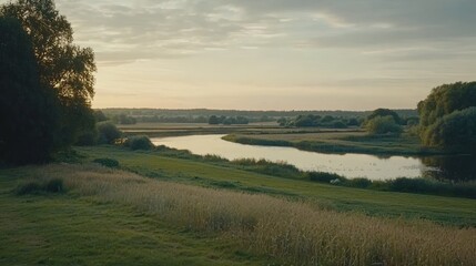 Wall Mural - Serene river landscape at sunrise with golden fields and lush greenery.