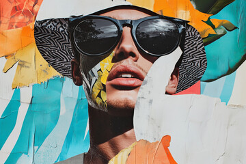 Wall Mural - man wearing sunglasses and a hat is the main subject of the image. The man is smiling and he is enjoying himself. The image is a collage of different colors and textures, giving it a vibrant