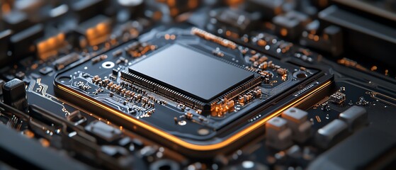 Poster - Highresolution closeup of a mobile phone s internal electronic chip and CPU from a disassembled device, perfect for technology service and repair promotions