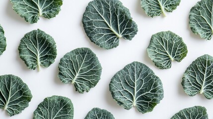 Wall Mural - Fresh green collard leaves arranged on a white surface.