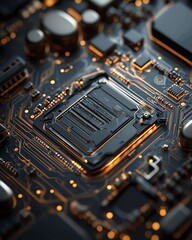 Poster - Macro view of a mobile phone s CPU and electronic chip, showing intricate details from a disassembled phone, perfect for tech maintenance and repair banners