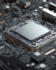 Poster - Mobile phone CPU and electronic chip from a disassembled device, with clear focus on the processor, ideal for tech maintenance and repair illustrations