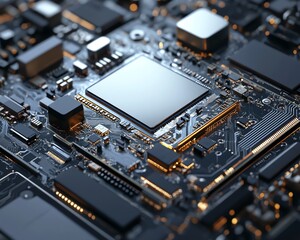 Poster - 3D render of a disassembled mobile phone with a focus on the CPU and electronic chip, emphasizing technology repair and mobile device maintenance