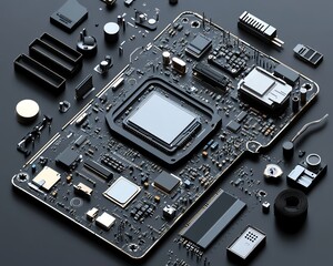 Poster - 3D render of a disassembled mobile phone with a focus on the CPU and electronic chip, emphasizing technology repair and mobile device maintenance