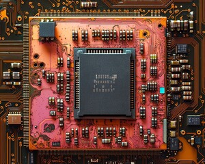 Poster - Closeup of an electronic chip and CPU from a disassembled mobile phone, highlighting the intricate processor and components, perfect for tech repair banners