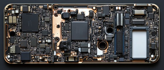 Poster - Detailed view of a mobile phone s disassembled electronic chip and CPU, showcasing the processor and micro components, ideal for technologythemed ads