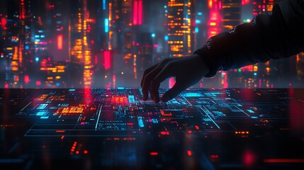 Cyberpunk city, hand interacts with digital interface