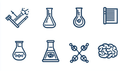 Poster - Science research icons in a shape of a laboratory flask with microscope, book, test tube, brain, computer, DNA, battery, idea light bulb, gas burner