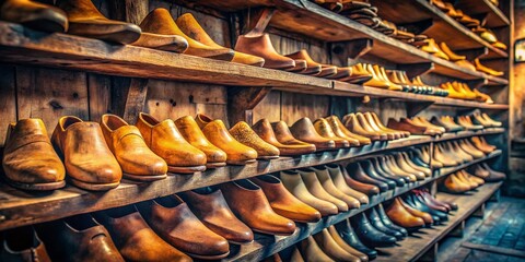 Wall Mural - Vintage Wooden Shoe Lasts on Old Shelves: Antique Footwear Making Tools