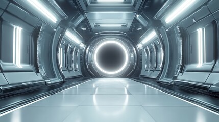 Poster - Abstract 3D Light Room with White Background in a Futuristic Space Featuring Sleek Lines and Technological Elements