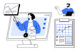 © robu_s - Computer screen displaying a figure presenting data, another figure managing a clipboard with charts, and a third figure working remotely on a laptop. Ideal for business presentations, online