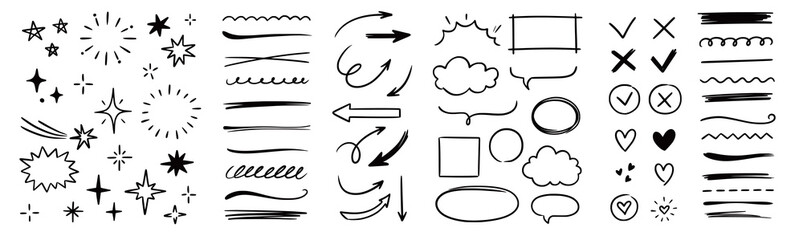 Line arrow hand drawn shape brush underline stroke element vector set. Hand drawn doodle sketch arrow, circle, star brush stroke scribble underline icon. Marker doodle sketch vector illustration