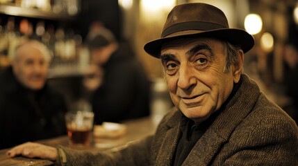 Smiling senior man in a bar, enjoying a relaxed moment with friends.