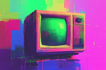 Poster - Retro TV with vibrant, glitch art background.