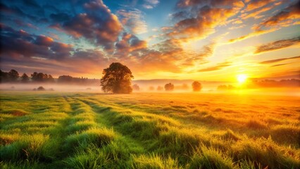 Wall Mural - Warm Sunrise over Lush Grass Field - Golden Hour Meadow Landscape Photography