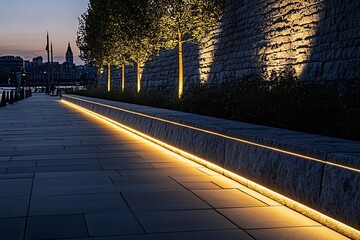 Poster - Nighttime Urban Landscape with Stylish Pathway and Glowing Lights Along Stone Wall : Generative AI