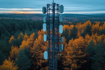 Poster - Telecommunications tower in autumn forest with vibrant orange and green foliage : Generative AI