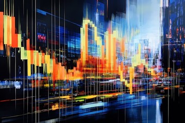 Poster - Dynamic Digital Abstract Cityscape With Vibrant Light Patterns and Motion Effect : Generative AI