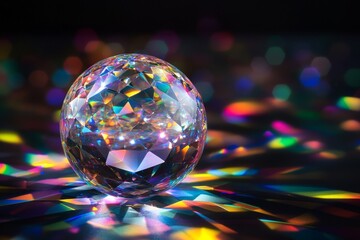 Poster - Crystal ball refracting rainbow light on dark surface.