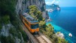 © tito - Coastal train journey, cliffside tracks, Italian island, turquoise sea, summer travel