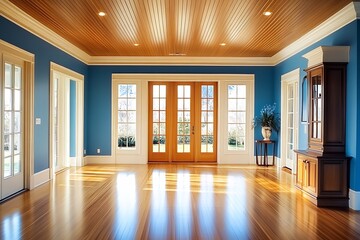 Poster - Elegant Bright Spacious Living Room Design with Natural Light and Wood Accents : Generative AI