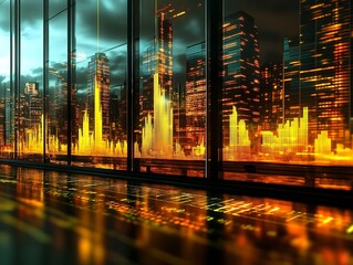 Aufkleber - Vibrant Urban Skyline View from Modern Office with Floor to Ceiling Windows at Dusk : Generative AI