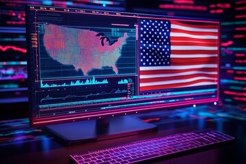 Aufkleber - High-Tech Digital Data Display with United States Map and American Flag Theme : Generative AI