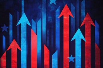 Aufkleber - Red and Blue Upward Arrows on Stars and Stripes Background Symbolizing Growth and Progress : Generative AI
