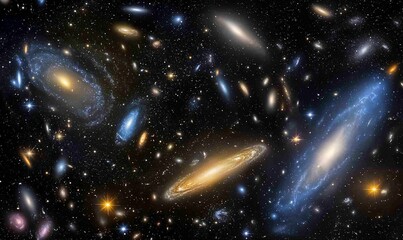 Galaxy cluster, cosmic expanse, deep space, stellar formation, background universe, science education