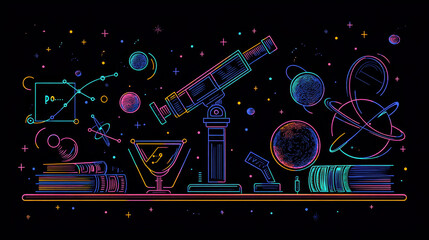 Poster - Science microscope emblem made of ouline of science, education, study. Vector science icons of book planet satellite, dna, charts, graphs, graduation cap, globe, microscope, monitor, atom, telescope
