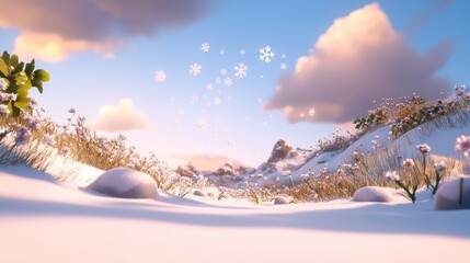 Sticker - Snowy mountain landscape with soft light, scattered snowflakes, and small plants.