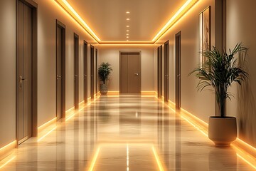 Poster - Elegant Modern Hotel Corridor with Ambient Lighting and Polished Floors : Generative AI