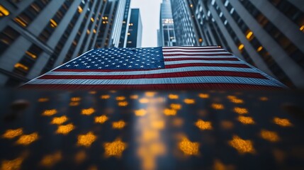 Poster - American Flag in Urban Financial District Symbolizing USA Economic Power : Generative AI