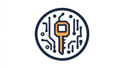 Poster - Cyber security icon key inside of microcircuit circle. Vector emblem internet safety theme, information and data protection, prevention of hacker attack. Design element isolated on white background