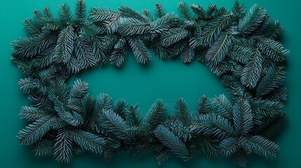 Canvas Print - Teal background with lush fir branches forming a frame.