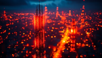 Aufkleber - Futuristic Urban Nightscape with Glowing Skyscraper and Vibrant City Lights : Generative AI