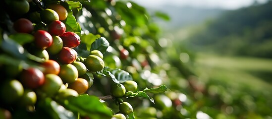 Poster - Closeup of Ripe Coffee Cherries on Vibrant Green Plantation Branches : Generative AI