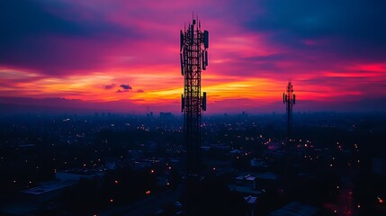Poster - Sleek Communication Towers Silhouetted Against a Striking Sunset in Urban Setting : Generative AI