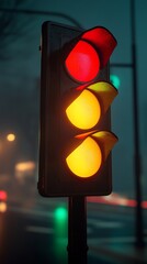 Poster - Red and Yellow Traffic Light at Night in Urban Street with Bokeh Lights : Generative AI
