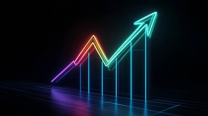 Aufkleber - Vibrant Neon Arrow with Rising Bar Chart Conceptualizing Growth and Success : Generative AI