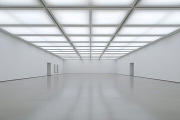 Poster - Minimalist empty exhibition hall with modern grid ceiling and open doorways : Generative AI