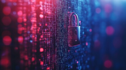 Poster - Abstract Digital Lock Icon with Binary Code on Blur Background Featuring Colorful Bokeh Effects and Futuristic Technology Elements