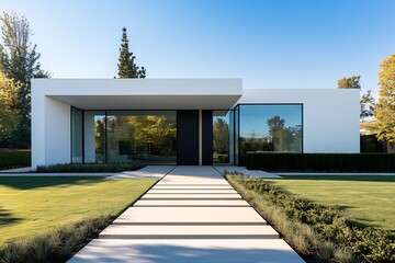 Poster - Modern Minimalist Architecture of a Luxury Glass House with Spacious Lawn in Daylight Setting : Generative AI