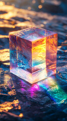 Wall Mural - Colorful Glass Cube Prism Refracting Light on Dark Surface