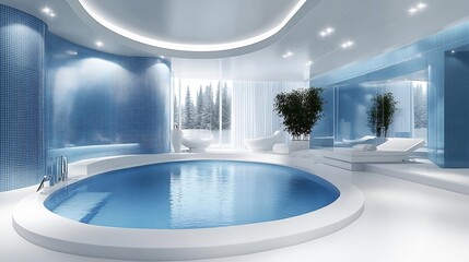 Aufkleber - Contemporary Blue White Indoor Pool with Elegant Architecture and Panoramic View : Generative AI