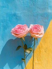 Wall Mural - Pink Roses on Yellow Wall