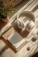 Poster - Cozy Workspace with Headphones and Journal in Sunlit Room Interior Decor : Generative AI