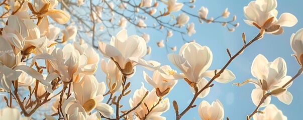 Majestic magnolia flowers on tree branches against a blue sky