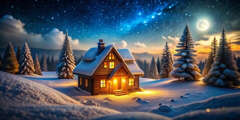 Wall Mural - Winter Wonderland: Cozy Wooden House at Night with Tilt-Shift Effect