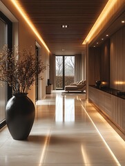 Poster - Luxurious modern home interior hallway with elegant decor and soft ambient lighting : Generative AI